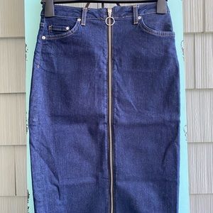Knee length dark denim skirt with full zip retro 80s